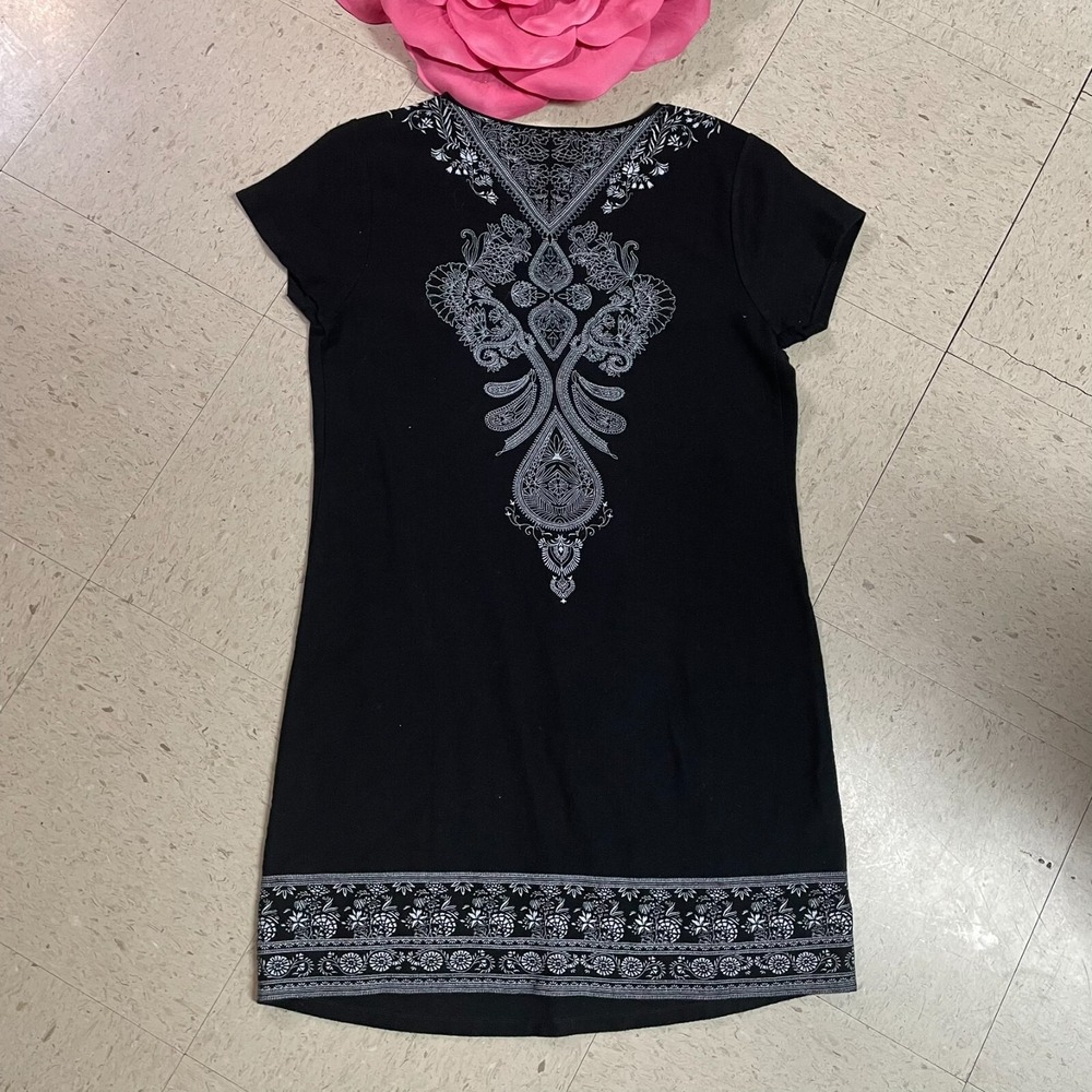 VENUS Womens Sz M Black Stretch Embellished Paisley Floral Woven Shift Dress